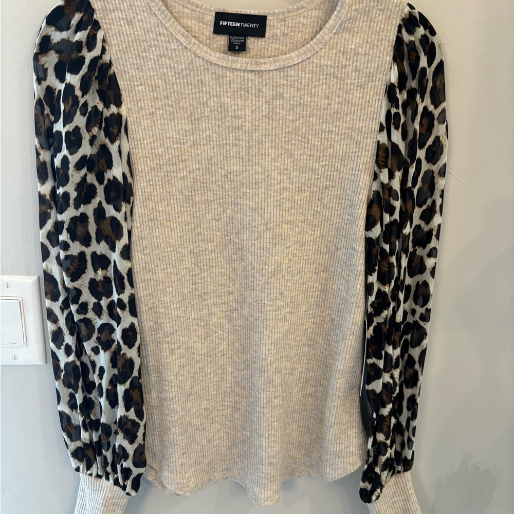 Fifteen Twenty Cream Ribbed Top with Black and Brown Leopard Print Sleeves